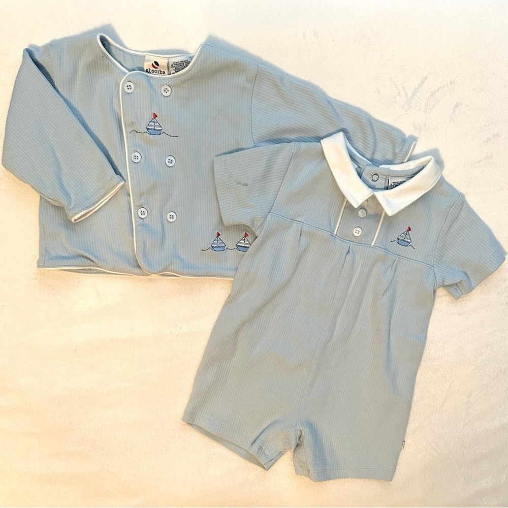 Vintage Absorba Baby Boy 2pc Set Sailboats Blue Shorts Romper & Jacket 12M